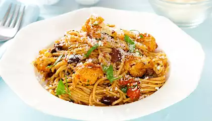 Mediterranean Roasted Cauliflower, Tomato Sauce and Olives with Pasta