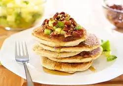 Whole Wheat Pancakes with Maple Candied Pecans and Tropical Fruit