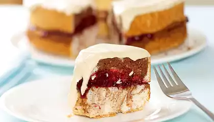 Chocolate Marbled Angel Food Cake with Coffee Cream and Raspberry Jam