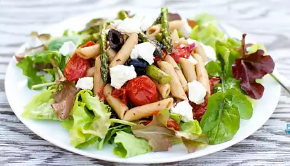 Roasted Asparagus, Cherry Tomatoes with Arugula, Penne and Goat Cheese Salad 