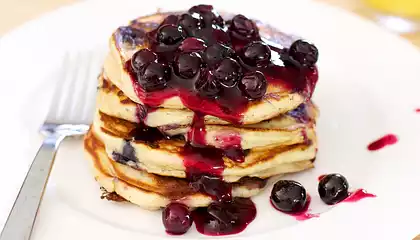 Whole Wheat Blueberry Yogurt Pancakes with Blueberry Sauce