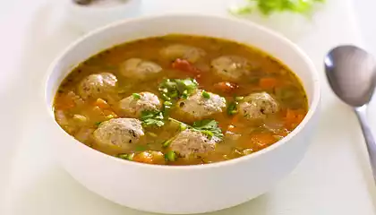 Turkey Balls, Veggies and Brown Rice Soup