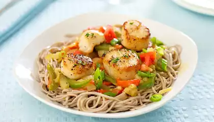 Pan Seared Scallops and Fennel Over Soba Noodles