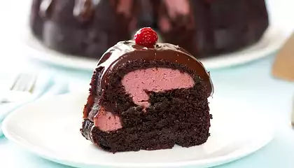 Chocolate Fudge Bundt Cake with Raspberry-Cream Cheese Filling and Chocolate Ganache
