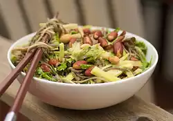 Asian Sesame Soba Noodles with Cucumber, Bok Choy, and Mixed Greens 