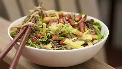 Asian Sesame Soba Noodles with Cucumber, Bok Choy, and Mixed Greens 