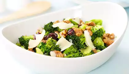 Warm Brocoli Salad with Walnuts, Cranberry and Parmesan