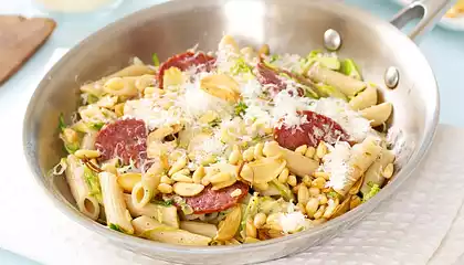 Brussels Sprouts and Salami Pasta with Pine Nuts