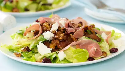 Caramelized Pears, Maple Walnuts Salad with Prosciutto and Goat Cheese