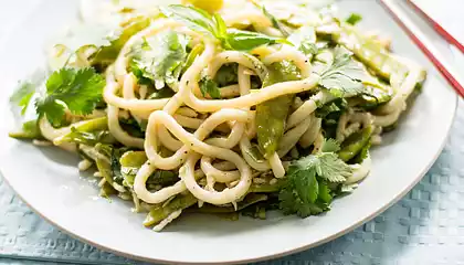 Lemon-Pepper Glazed Udon Noodles with Snow Peas and Coconut