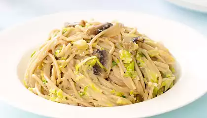 Creamy Fettuccine with Brussels Sprouts and Mushrooms