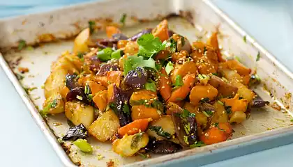 Garlic, Ginger and Soy Roasted Potato, Sweet Potato and Red Onion