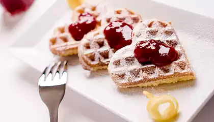 Buttermilk Waffles with Cherry-Almond Sauce