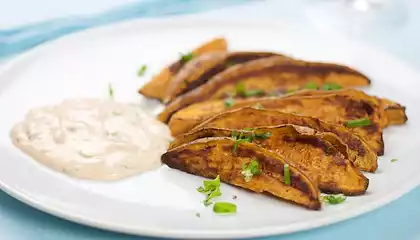 Roasted Sweet Potato Wedges with Smoked Chipotle Cream