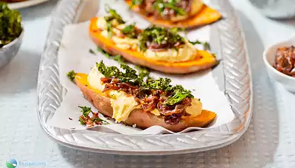 Roasted Sweet Potatoes with Hummus and Crispy Kale