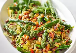 Sauteed Asparagus, Leeks with Pancetta and Pine Nuts