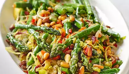 Sauteed Asparagus, Leeks with Pancetta and Pine Nuts