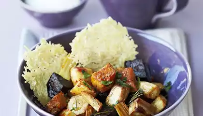 Root Vegetables with Parmesan Cookies 