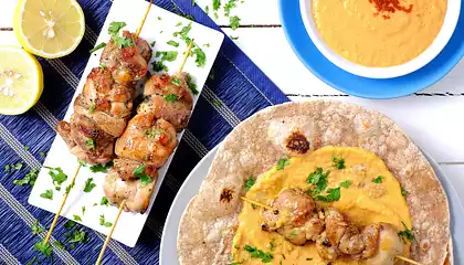 Quick Chicken Souvlakis with Roasted Pepper Hummus