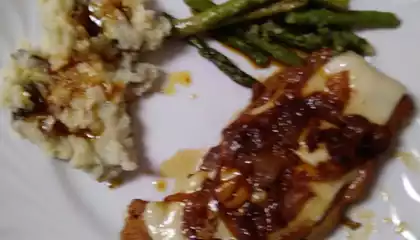 Caramelized Onion Pork Chops with Deep Fried Asparagus and Mashed Potatoes