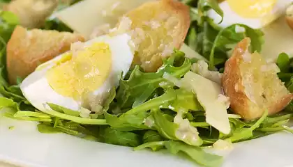 Arugula Salad with Garlic Croutons, Gruyere and Eggs