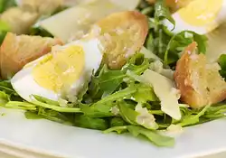 Arugula Salad with Garlic Croutons, Gruyere and Eggs