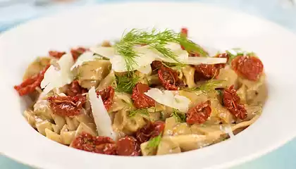 Pasta with Creamy Dill Sauce and Oven-Dried Cherry Tomatoes