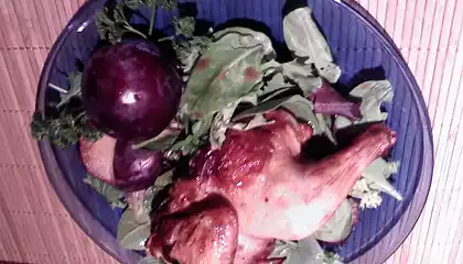 Cornish Hens and Plums on Baby Spinach