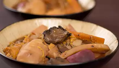 Red Wine Braised Roots Vegetables and Mushrooms