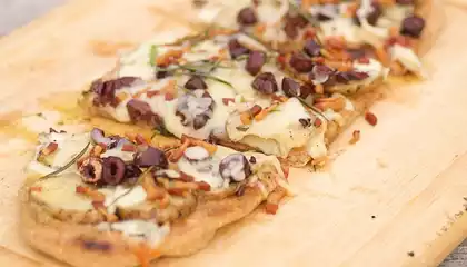 Grilled Potato, Pancetta and Roasted Garlic Pizza with Olives and Rosemary