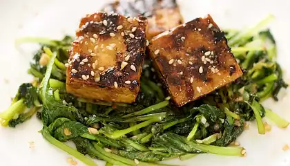 Stir-fry Tatsoi, Crusty Tofu with Asian Sweet-Sour Sauce