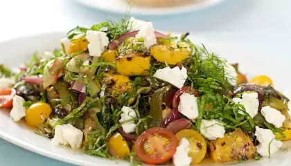 Grilled Summer Vegetable Salad with Cherry Tomatoes and Feta Cheese