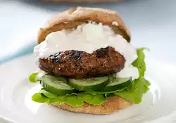 Healthy Hamburger with Savory Feta Sauce and Cucumber