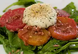 Heirloom Beets, Warm Goat Cheese, Arugula with Green Olive Vinaigrette