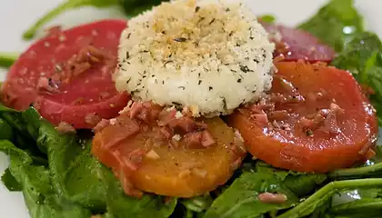 Heirloom Beets, Warm Goat Cheese, Arugula with Green Olive Vinaigrette