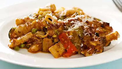 Cheesy Baked Whole Wheat Penne with Roasted Fresh Vegetables