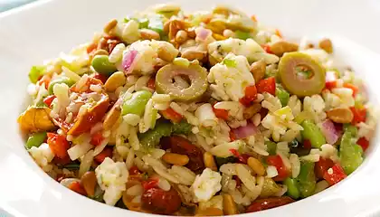 Orzo and Bell Pepper Salad with Edamame, Olives and Feta