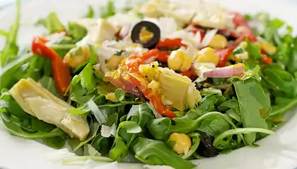 Arugula, Chickpea, Roasted Pepper and Artichoke Salad