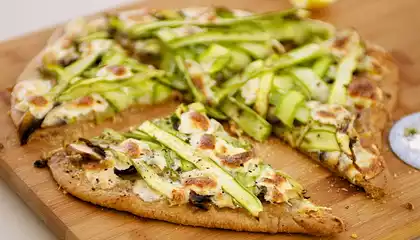 Two Cheese, Shaved Asparagus and Mushroom Pizza