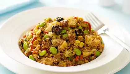 Quinoa, Edamame and Roasted Corn Salad with Apples and Maple Walnuts