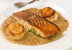 Pesto Salmon and Sea Scallops with Shallot Sauce