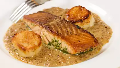 Pesto Salmon and Sea Scallops with Shallot Sauce