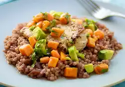 Grilled Mahi mahi, Red Onion Couscous, Chunky Papaya Avocado Salsa