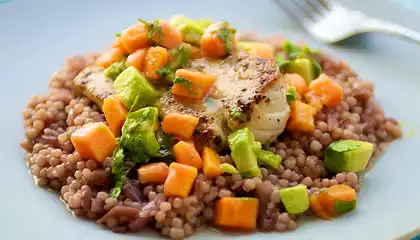 Grilled Mahi mahi, Red Onion Couscous, Chunky Papaya Avocado Salsa